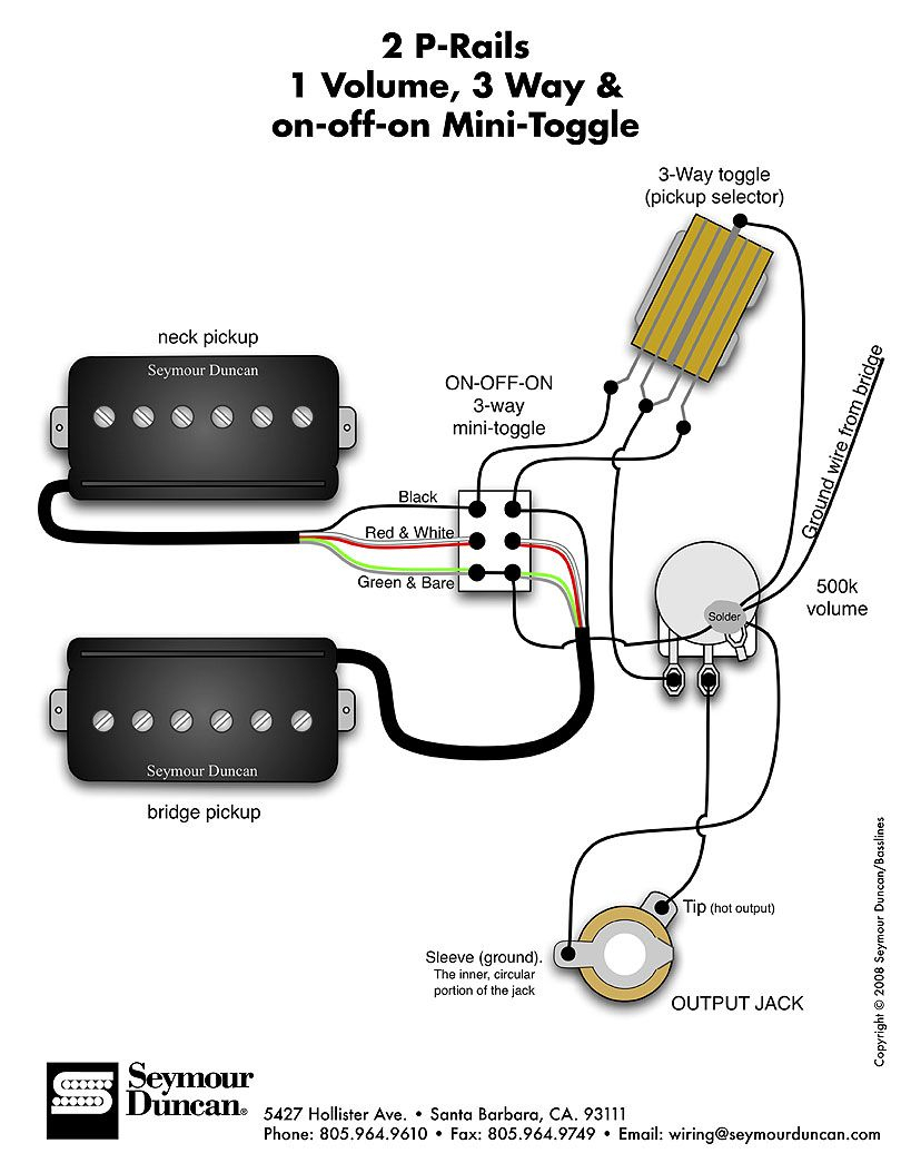 Seymour Duncan P-Rails Wiring Diagram - 2 P-Rails, 1 Vol, 3 Way &amp;amp; On - P Bass Wiring Diagram